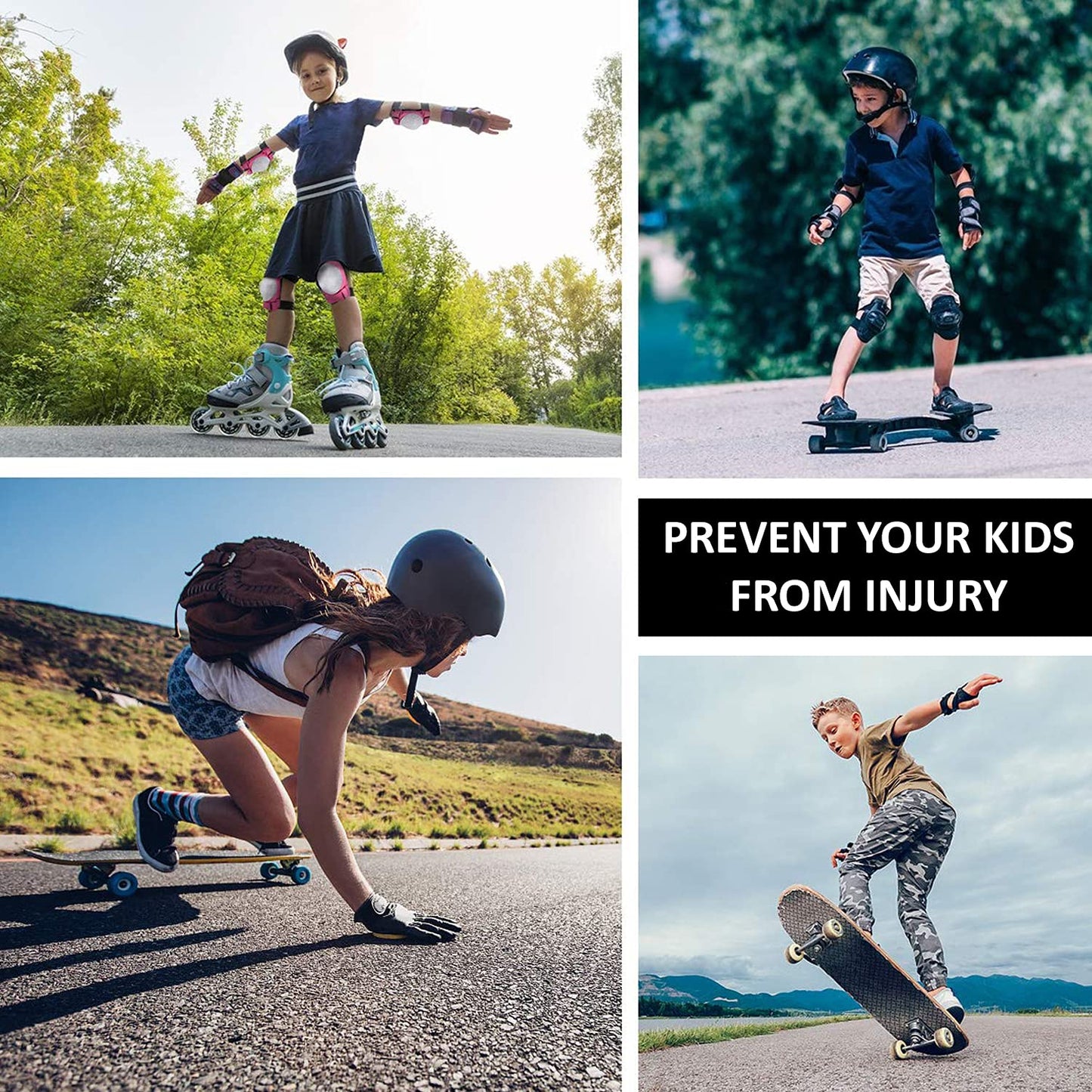 Children wearing roller skating protective pads for children and helmets while skating outdoors