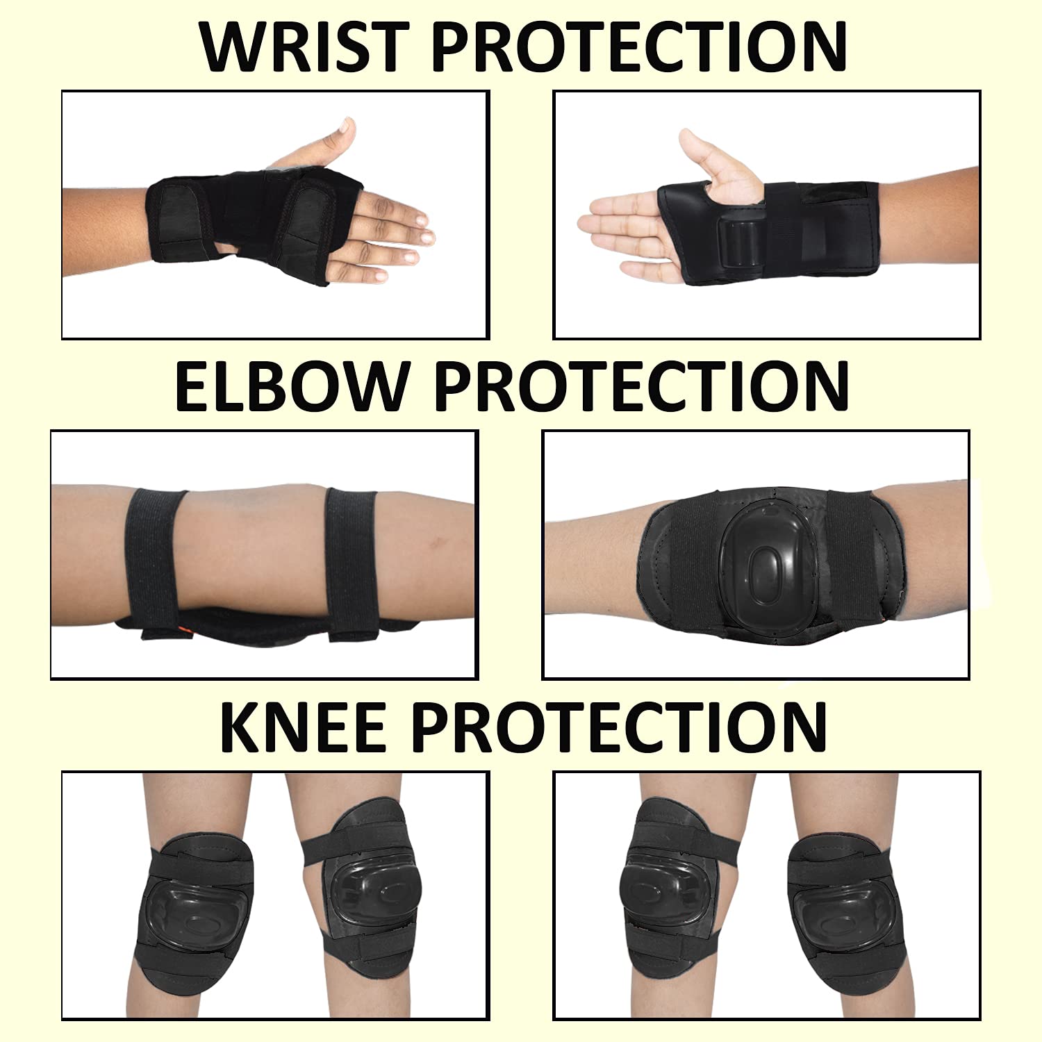 Jj Jonex roller skating protective pads for children including wrist, elbow, and knee guards in black