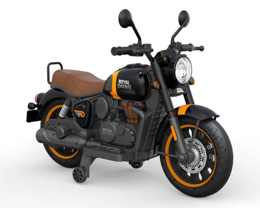 Black and orange electric bike for kids, front view, designed for fun riding experiences
