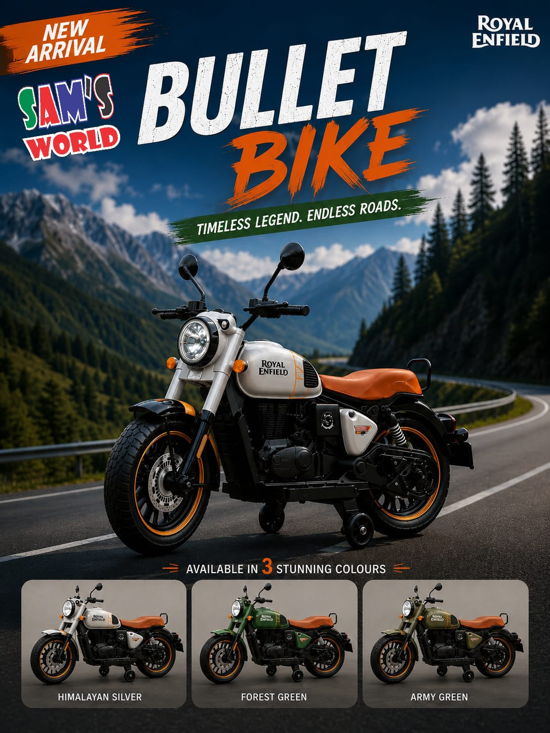 Royal Enfield Bullet Bike in Himalayan Silver, side view, perfect electric bike for kids to enjoy outdoor adventures
