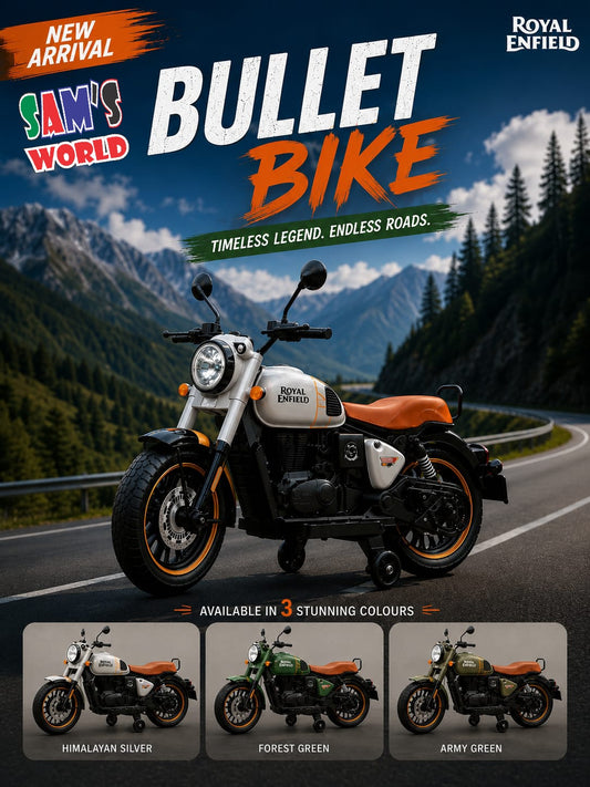 Royal Enfield Bullet Bike in Himalayan Silver, side view, perfect electric bike for kids to enjoy outdoor adventures