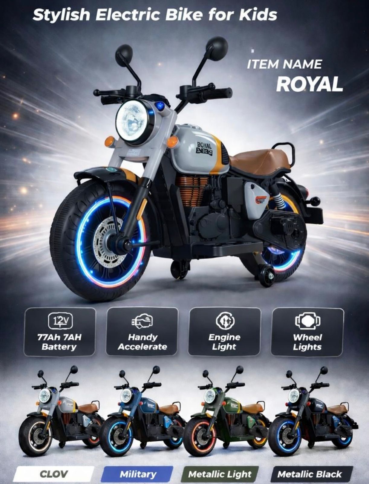 Metallic black toy electric bike, front view, designed for kids in Ahmedabad with stylish features