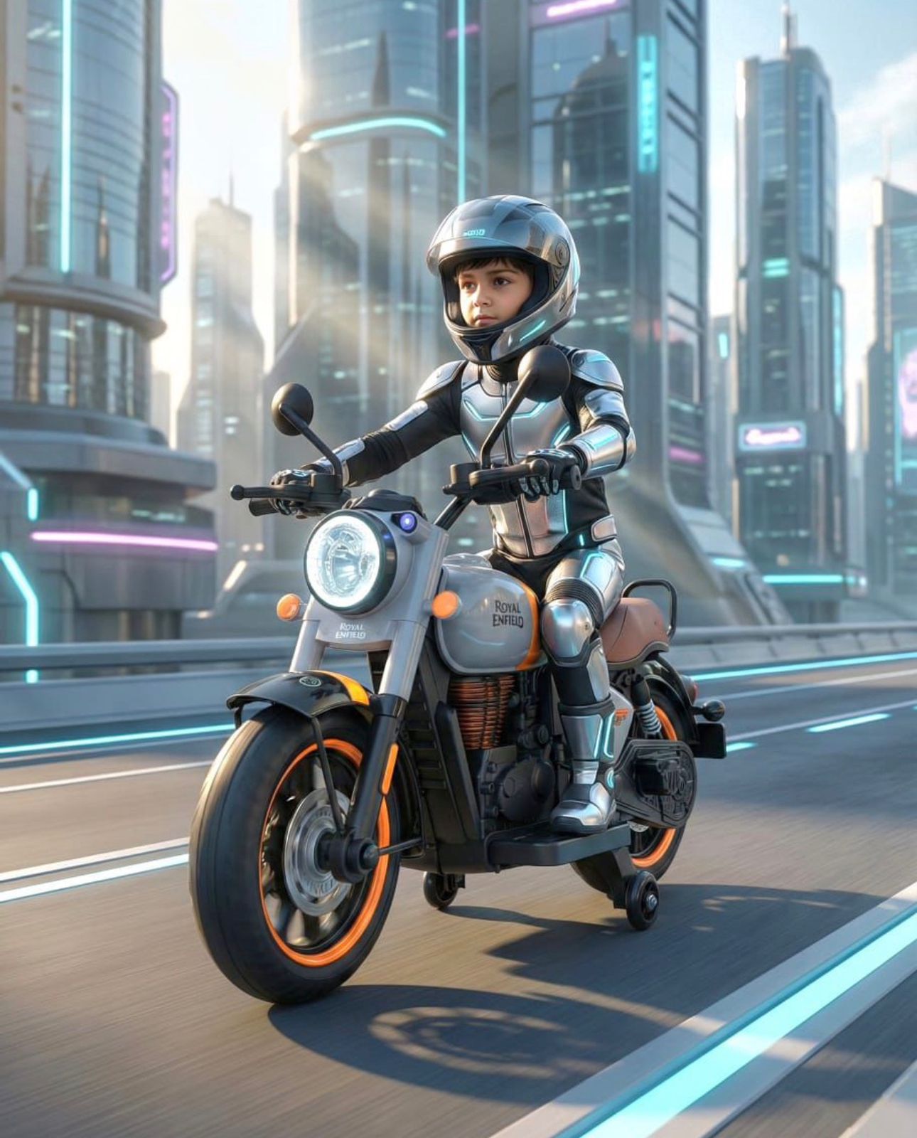 Kids riding a silver toy electric bike, Royal Enfield Electric for kids in Ahmedabad, futuristic city background