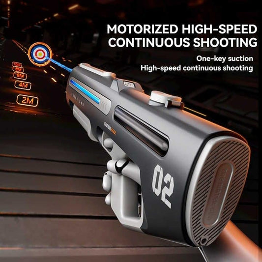 Black motorized high-speed water gun for outdoor fun, features continuous shooting at Sam's Toy Ahmedabad Gujarat
