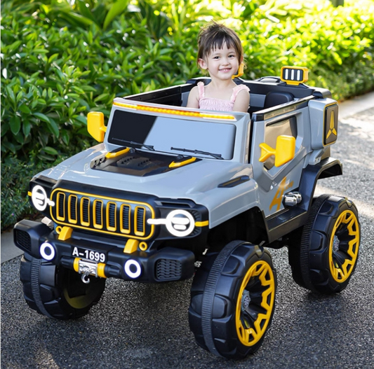 Children's electric jeep Ahmedabad 4x4 Sam World ride on toy with large yellow and black wheels