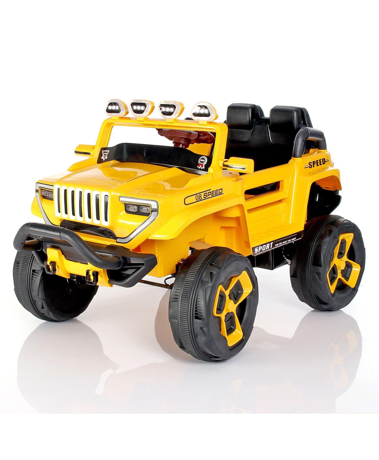 Yellow electric ride-on car Make in Gujarat Sams World with black seats and sporty design