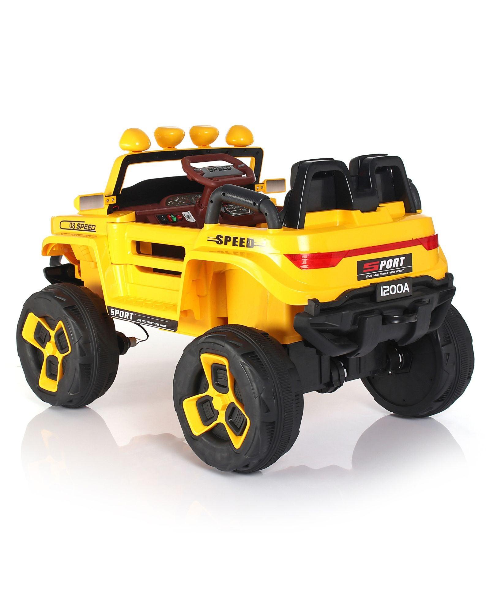 Yellow electric ride-on car Make in Gujarat Sam's World with sporty design and large wheels