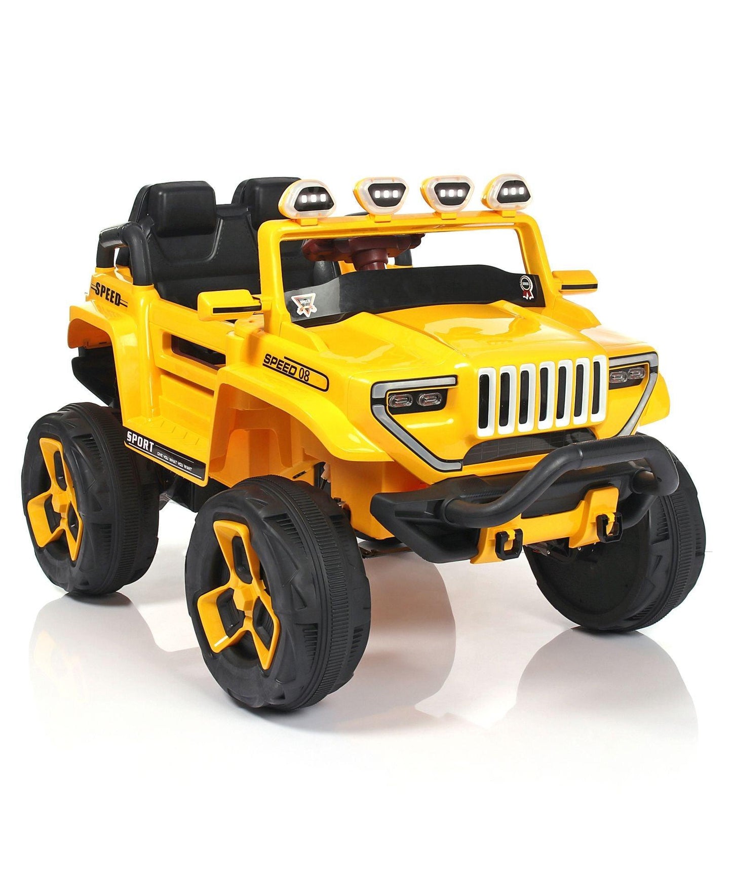 Yellow electric ride-on car Make in Gujarat Sams World with large wheels and black seats