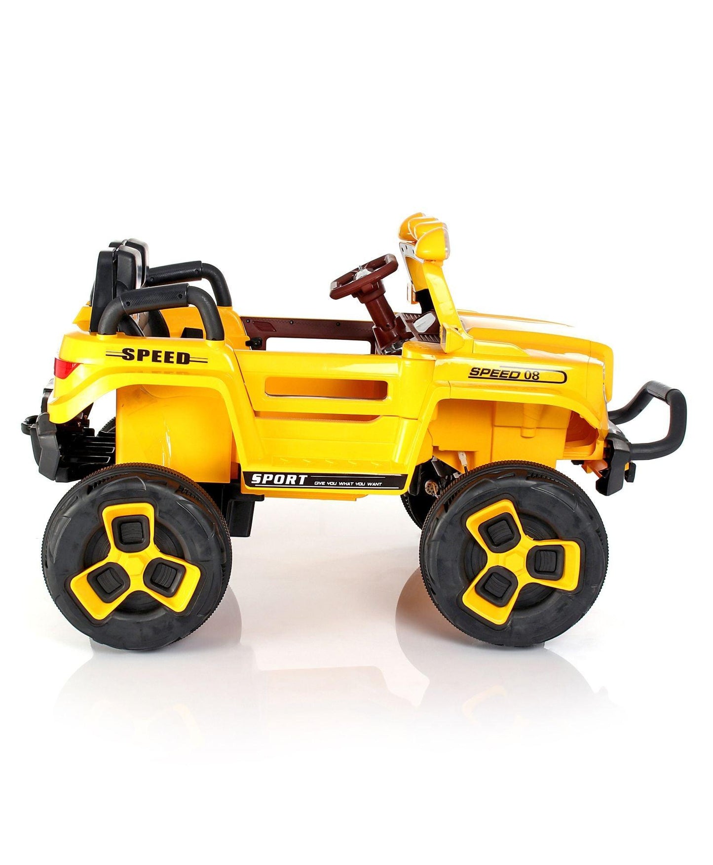 Yellow electric ride-on car Make in Gujarat Sam's World with black wheels and sporty design