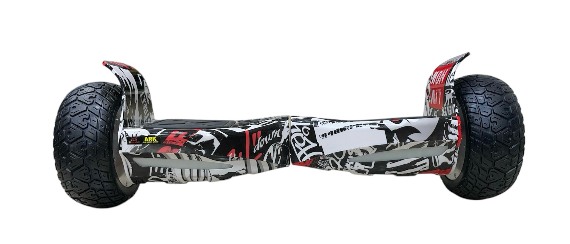 Black and white graffiti-style hoverboard, side view, for outdoor fun and exploration in Ahmedabad Gujarat