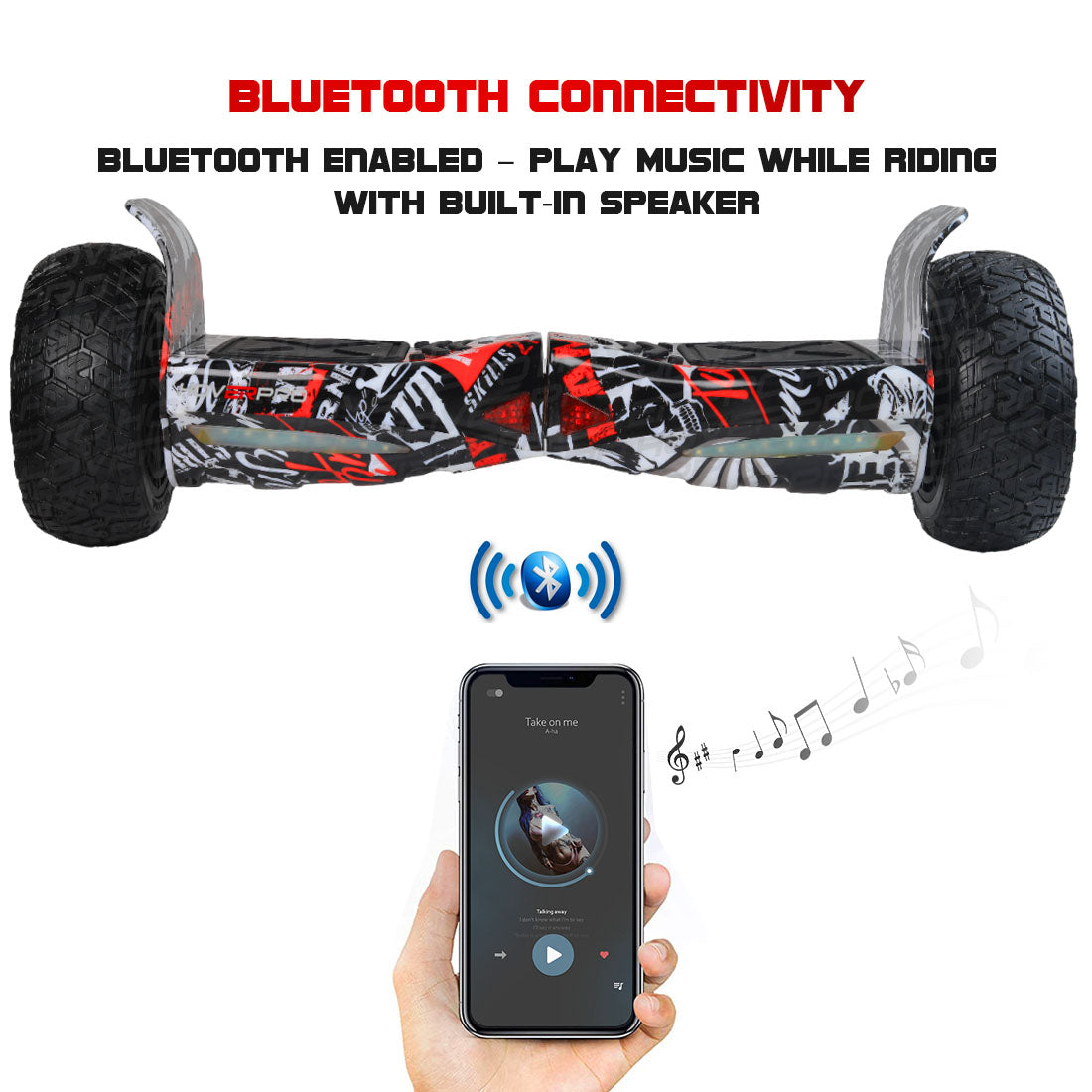 Black and red hoverboard with Bluetooth connectivity, top view, designed for outdoor fun in Ahmedabad Gujarat