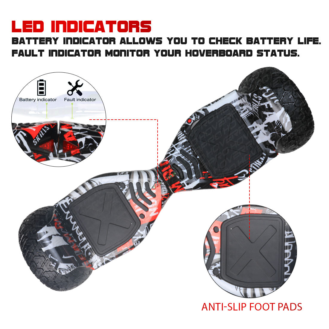 Black and red hoverboard with LED indicators, top view, for safe outdoor rides by Sam's Ahmedabad Gujarat