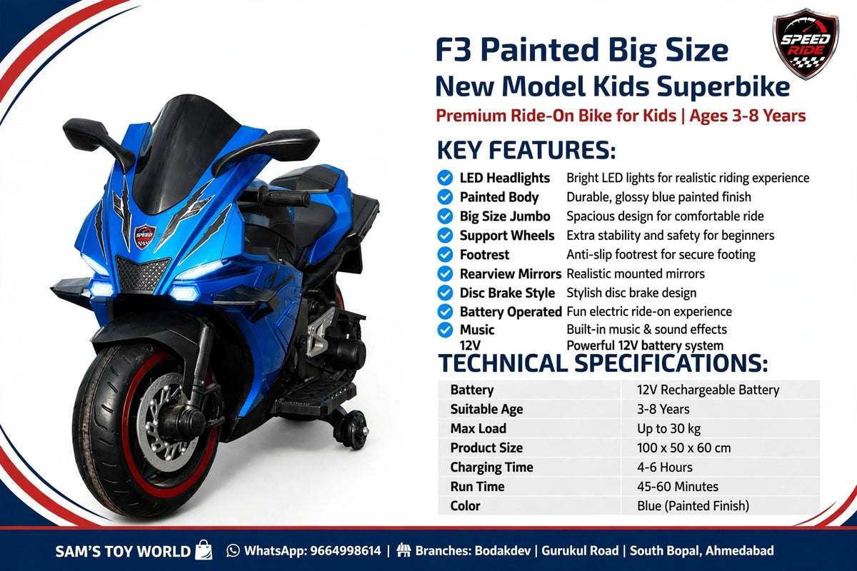 F3 Painted Big Size Kids Superbike in blue for ages 3 to 8 by Sam's Toy World, electric rechargeable ride on children bike by Sam's Ahmedabad