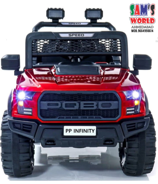 Red Pobo Kids Ride On Jeep 12V Make in Ahmedabad Gujarat by Sam's front view with headlights and rugged tires