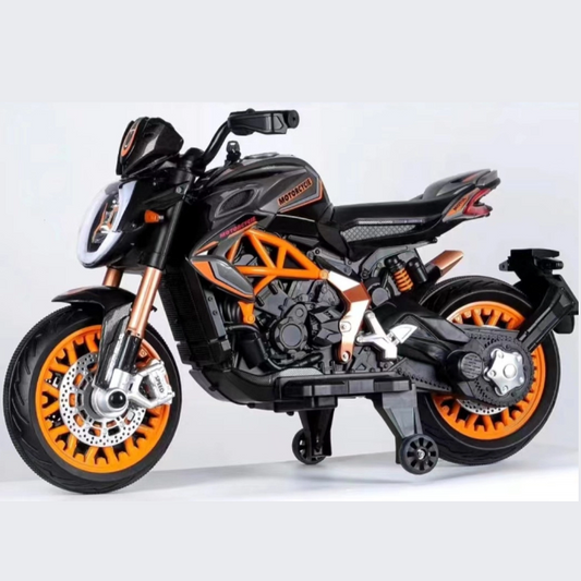 12V battery operated ride on bike for kids sams toy Ahmedabad in black with orange accents and training wheels