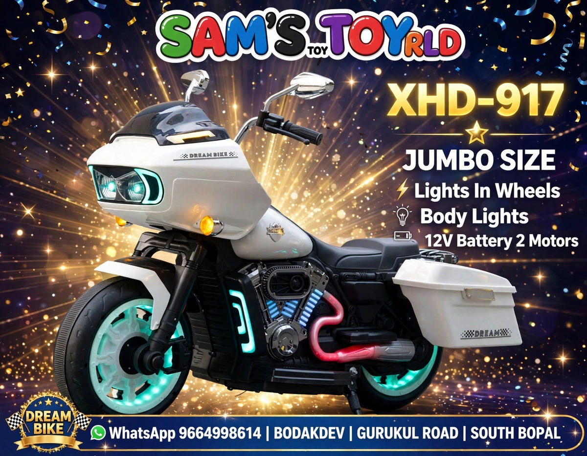 Jumbo size kids electric rechargeable ride on bike Harley model at Sam's Toy Ahmedabad with lights and 12V battery