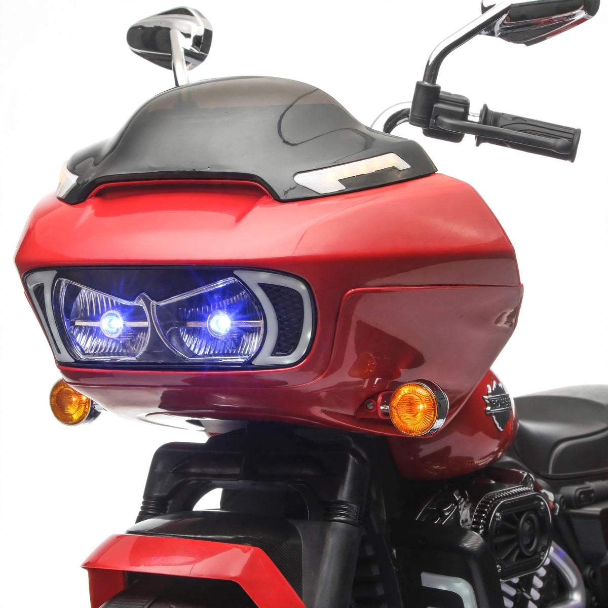 Jumbo size kids electric rechargeable ride on bike Harley model at Sam's Toy Ahmedabad with red body and functional headlights