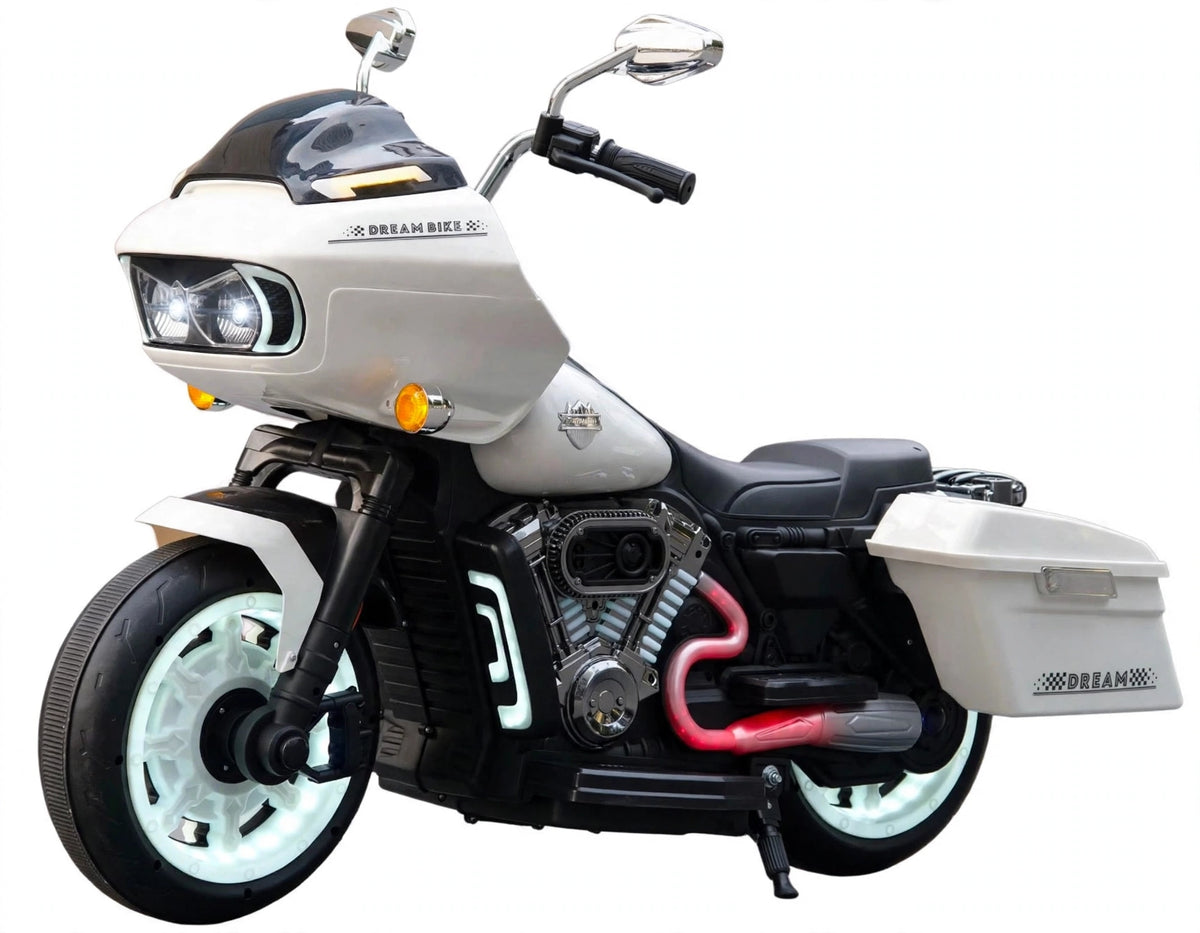 Jumbo size kids electric rechargeable ride on bike harley model at Sam's Toy Ahmedabad in sleek white design for ages 3 and up