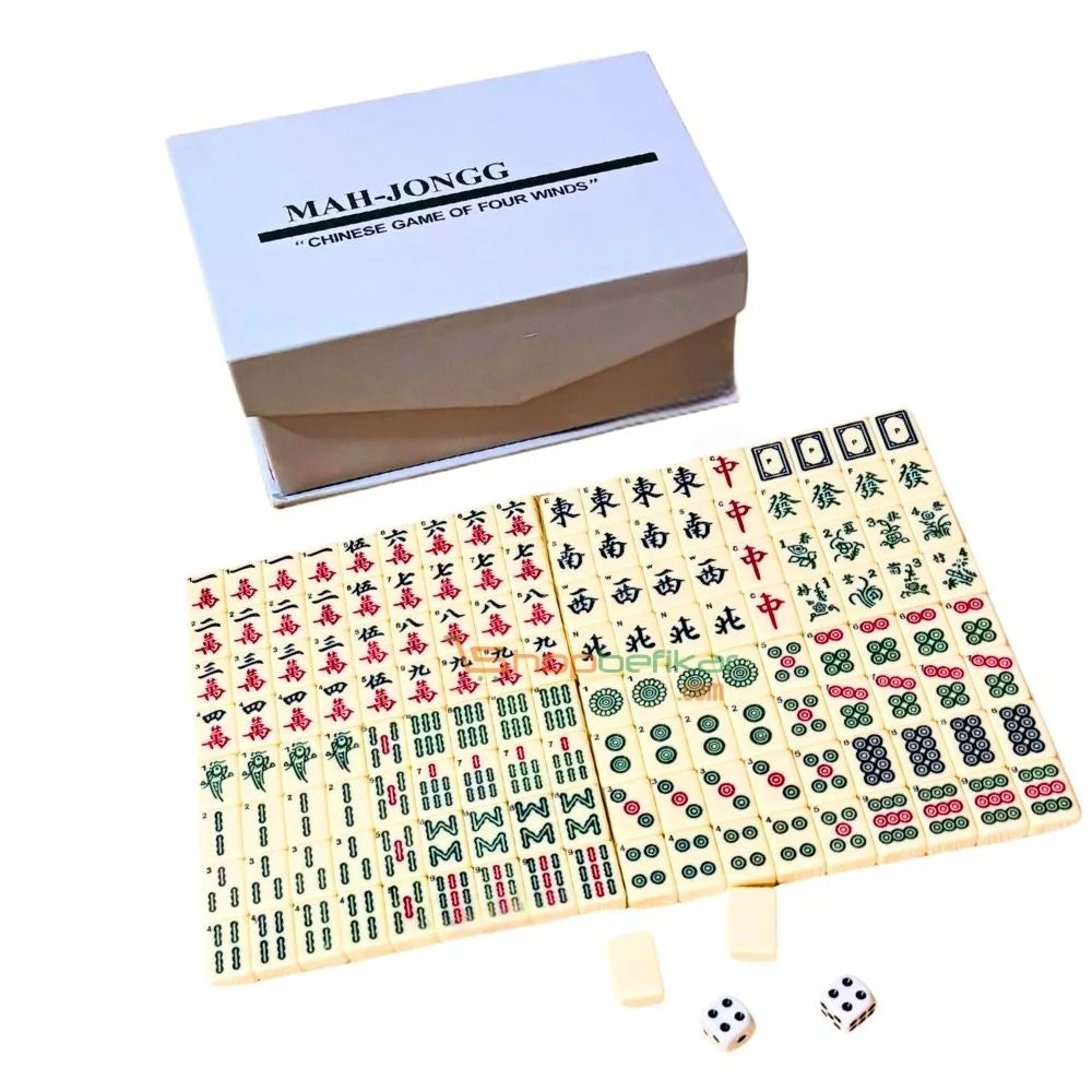 Mah Jongg game set in a white box, featuring colorful tiles and dice, for hours of fun and strategy