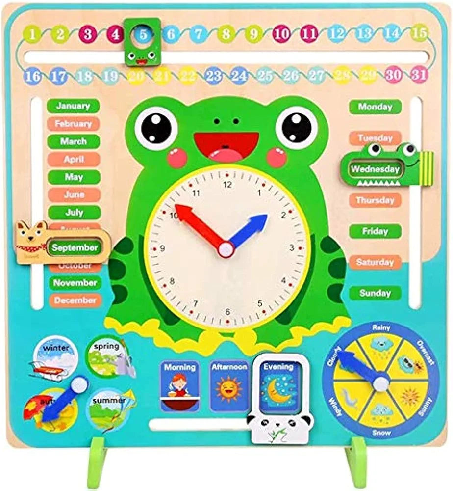 Montessori educational toy Sam's Toy wooden toy clock with frog design, colorful dials for ages 3 and up, Sam's Toy World