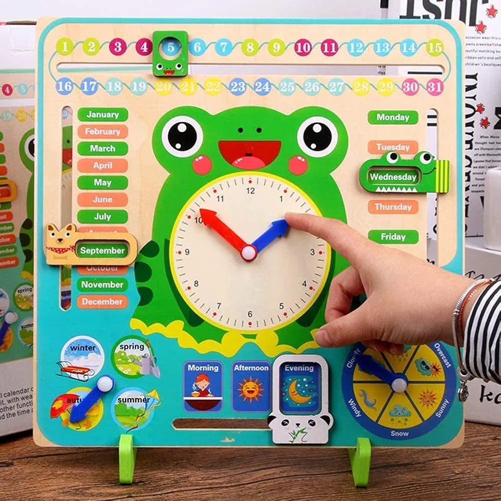 Montessori educational toy Sam's Toy wooden toy clock with frog design for toddlers, teaching time and seasons at Sam's Toy World