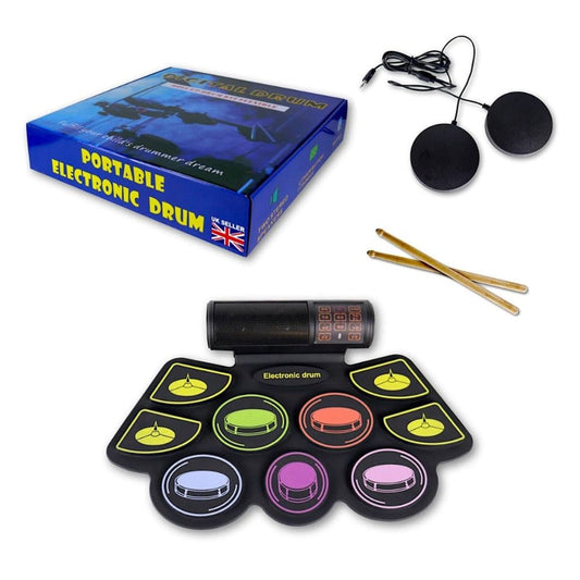 Portable electronic drum kit Ahmedabad for kids at Sam's Toy, includes drum pad, sticks, and speakers