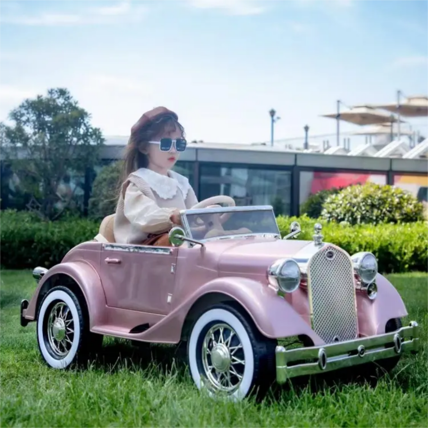 Girl driving pink vintage ride on car Rolls Royce vintage ride on car for kids Ahmedabad Gujarat Online India