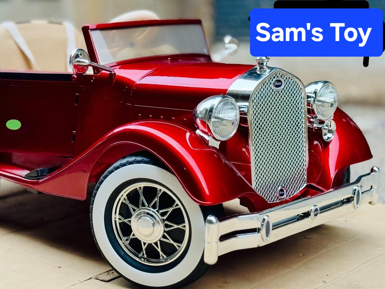 Red Rolls Royce vintage ride on car for kids Ahmedabad Gujarat Online India with chrome grille and whitewall tires
