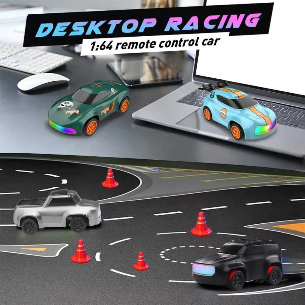 Smallest RC drift car online hotwheel size 1:64 at Sam's Toy, two colorful cars racing on a desktop track