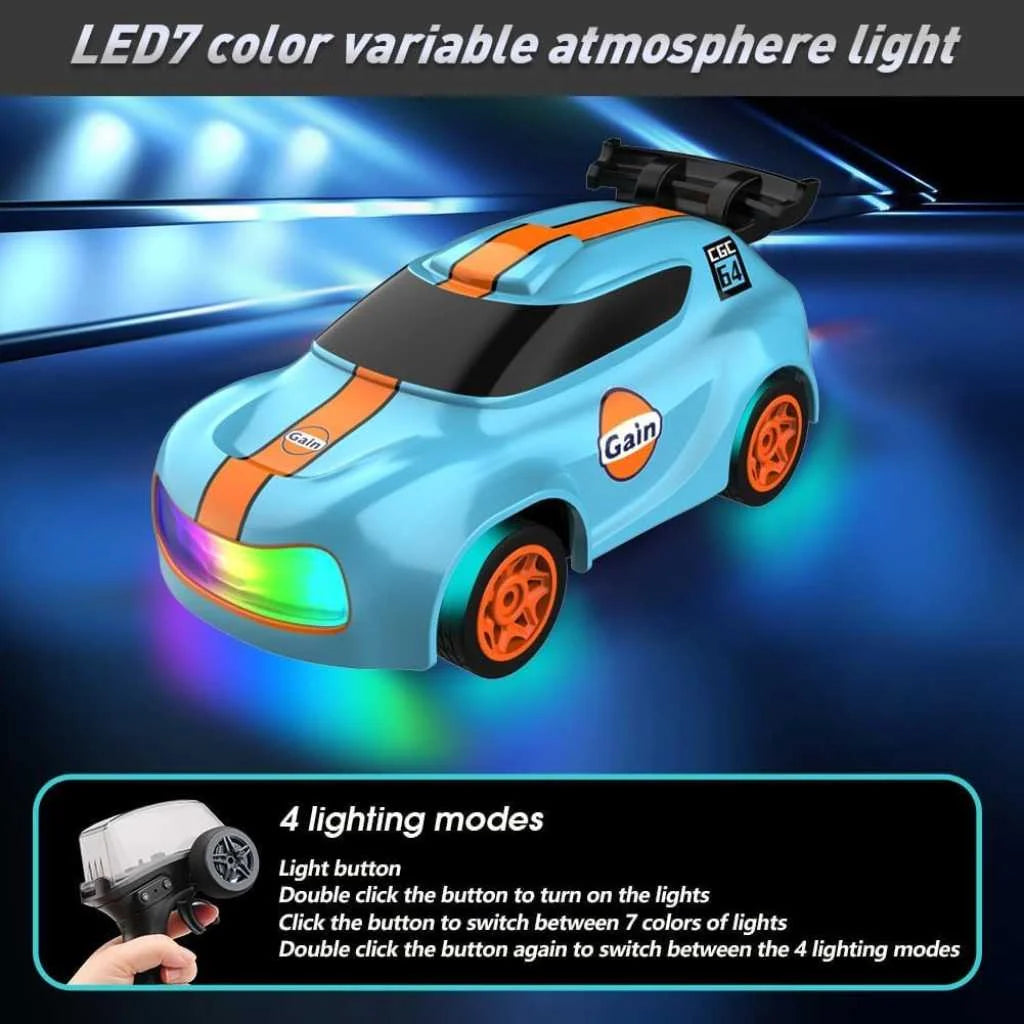 Smallest RC drift car online hotwheel size 1:64 at Sam's Toy with LED lights, blue color, front view, for fun racing