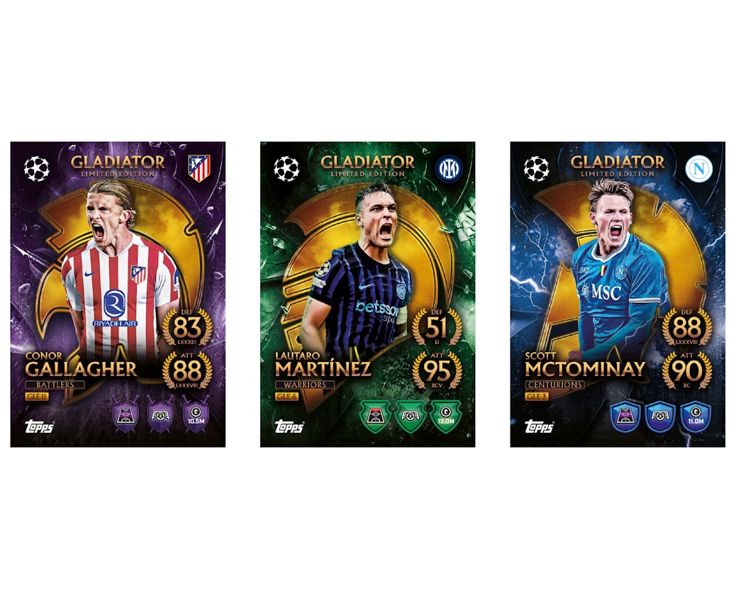 Topps football match Attax trading cards featuring players Gallagher, Martinez, and McTominay, for collectors in Ahmedabad Gujarat