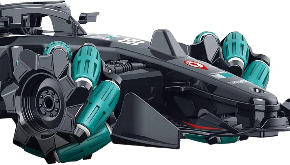 16 kmph RC race car rechargeable Sams Toy World sleek black design with green multifunctional wheels