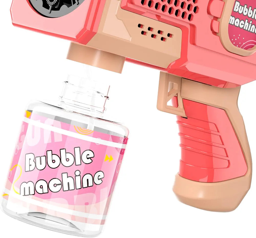 Pink bubble machine toy with bottle, front view, ideal as a birthday gift bubble toys for children at Sam's Toy World Ahmedabad