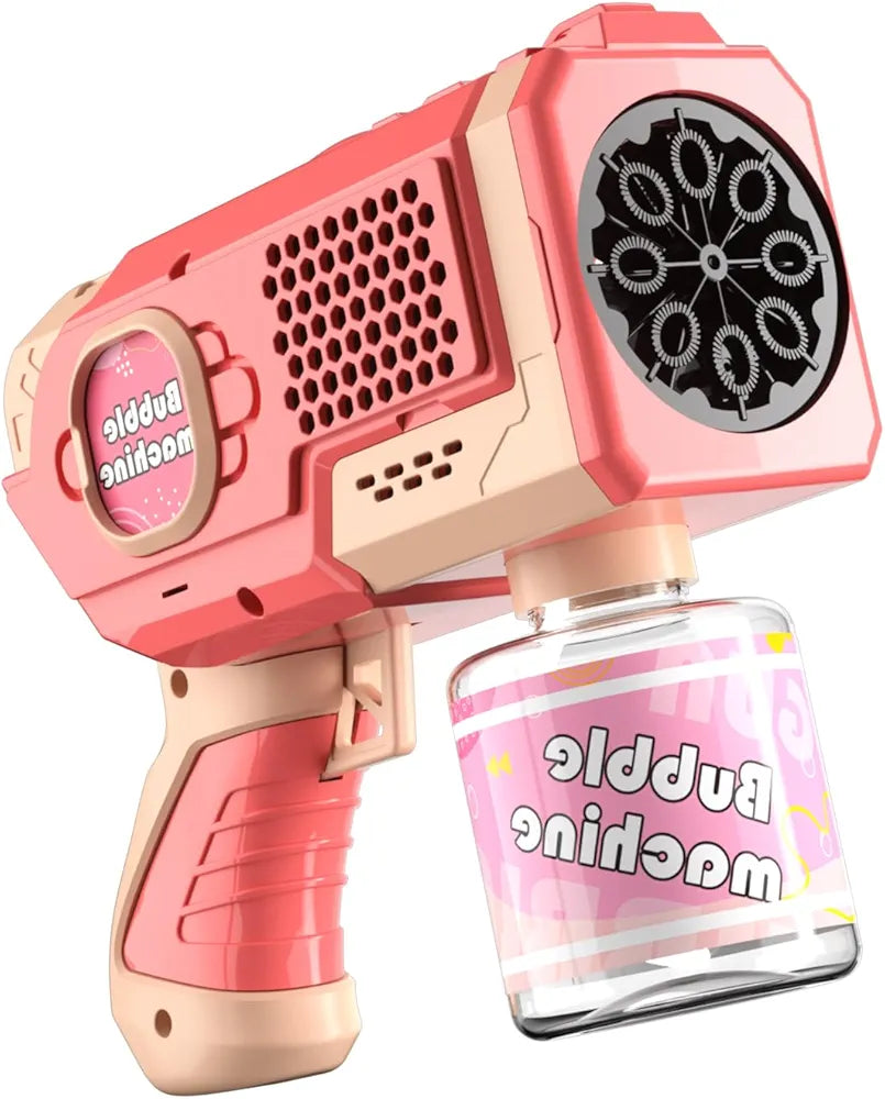 Pink bubble machine toy with bottle, side view, perfect as a birthday gift bubble toys for children at Sam's Toy World Ahmedabad