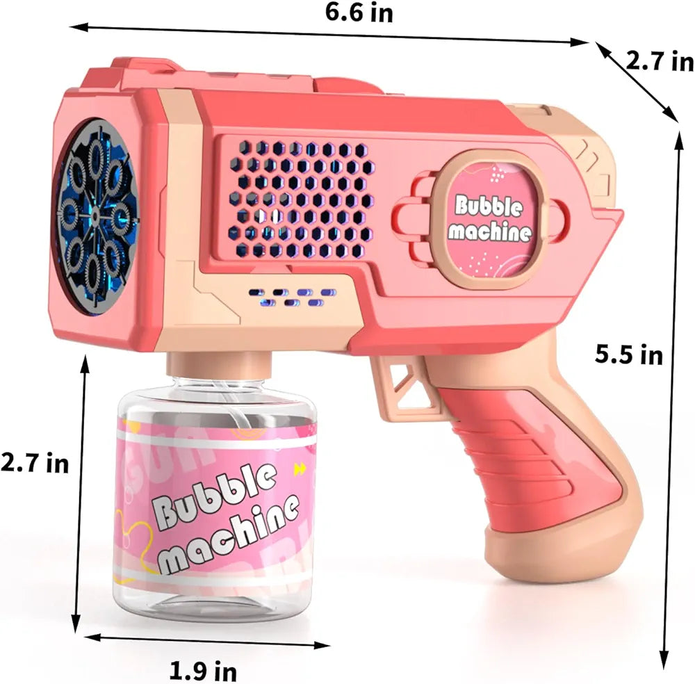 Pink bubble machine gun with bottle, side view, for kids' birthday gift bubble toys for children at Sam's Toy World Ahmedabad
