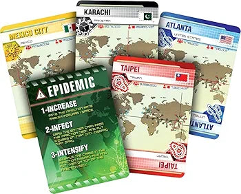 Epidemic board game cards featuring maps of Karachi, Atlanta, Taipei, and Mexico City, for Sam's Toy World Ahmedabad.