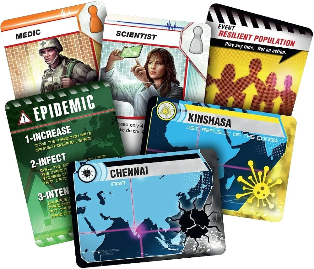 Cooperative board game cards from Sam's Toy World Ahmedabad including Medic, Scientist, and Epidemic