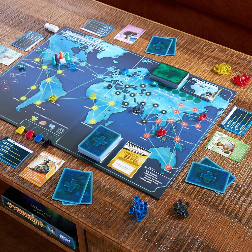 Cooperative board game Pandemic with colorful pieces, world map layout, for strategy and teamwork enthusiasts