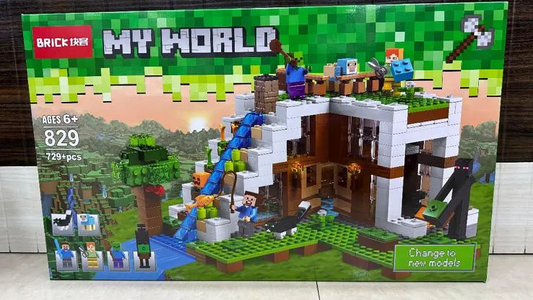 Colorful Minecraft building blocks set by Sam's Toy World Ahmedabad, featuring a house with a waterfall and mini figures.
