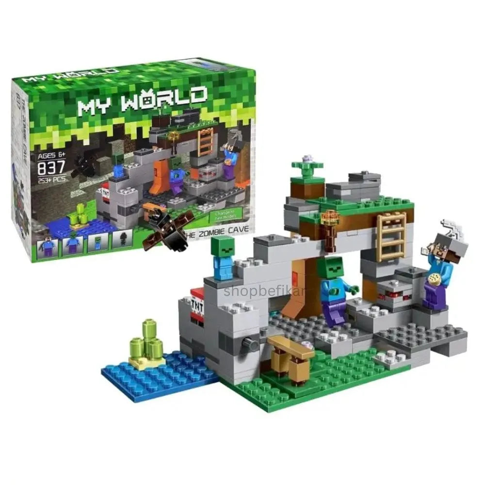 Minecraft on blocks by Sam's Toy World Ahmedabad, colorful zombie cave set, front view, for creative building fun.