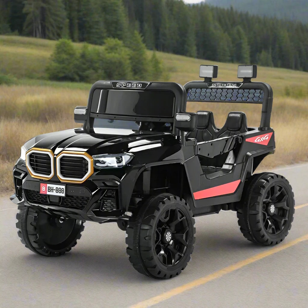 Black rechargeable ride-on jeep for kids Sam's Toy World Ahmedabad with off-road tires and two seats
