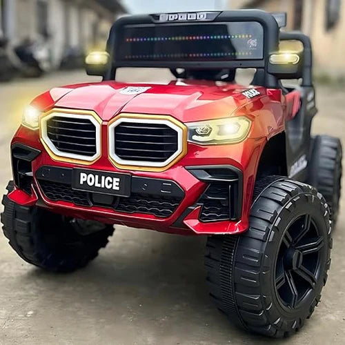 Red rechargeable ride-on jeep for kids Sam's Toy World Ahmedabad police design with large wheels and headlights