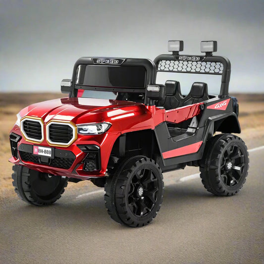 Red rechargeable ride-on jeep for kids Sam's Toy World Ahmedabad with black wheels and dual seats