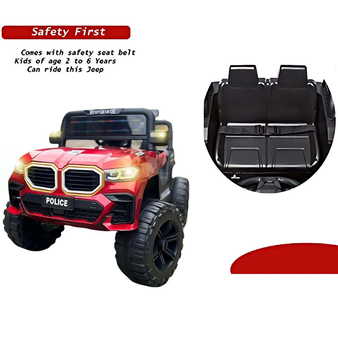 Red rechargeable ride-on jeep for kids Sam's Toy World Ahmedabad with safety seat belt for ages 2 to 6