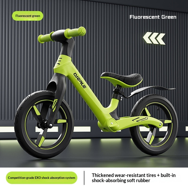 Fluorescent green balance bike toddler Sam's Toy World Ahmedabad, designed for ages 2-5 with shock-absorbing features