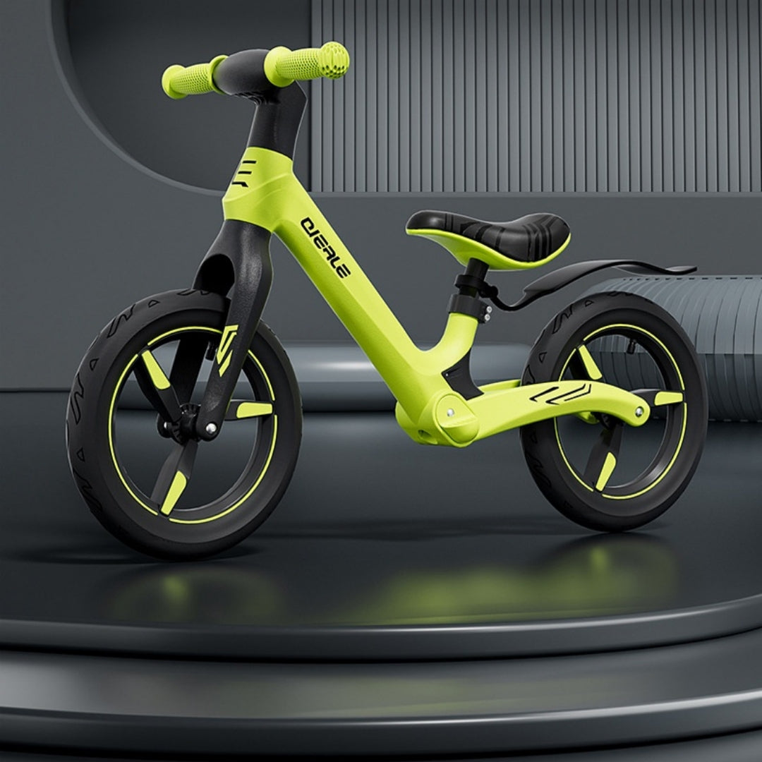 Green balance bike toddler Sam's Toy World Ahmedabad suitable for ages 2 to 5 with lightweight frame