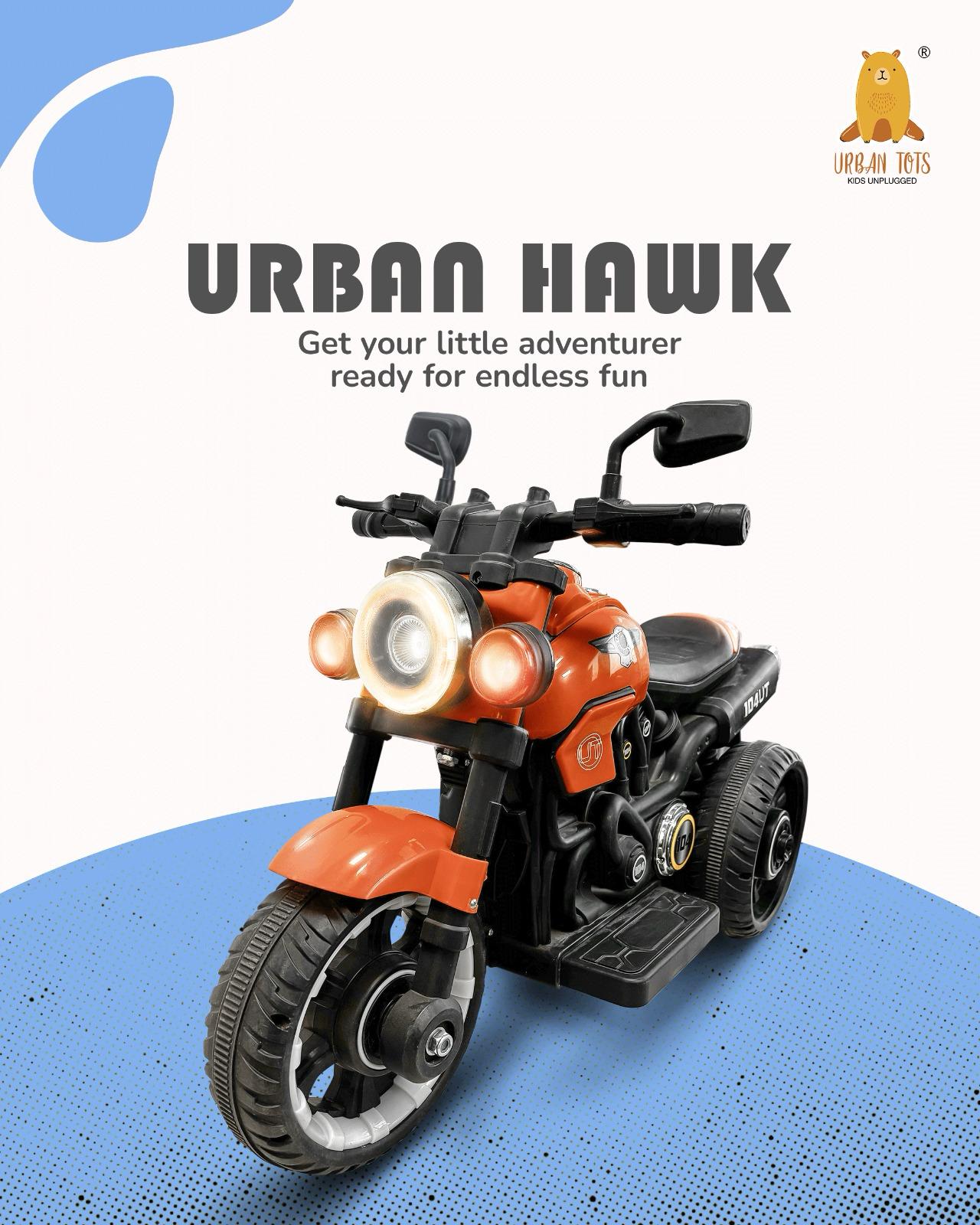 Urban Hawk Electric Riding Vehicle in orange, a battery operated sports bike for kids ₹2499 only at Sam's Toy World Ahmedabad
