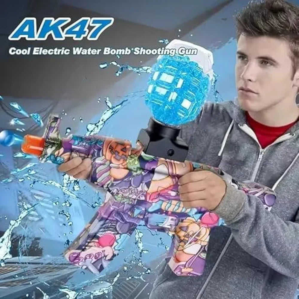 Colorful AK47 blaster gel gun for water battles, side view, ideal for kids at Sam's Toy World in Ahmedabad Gujarat