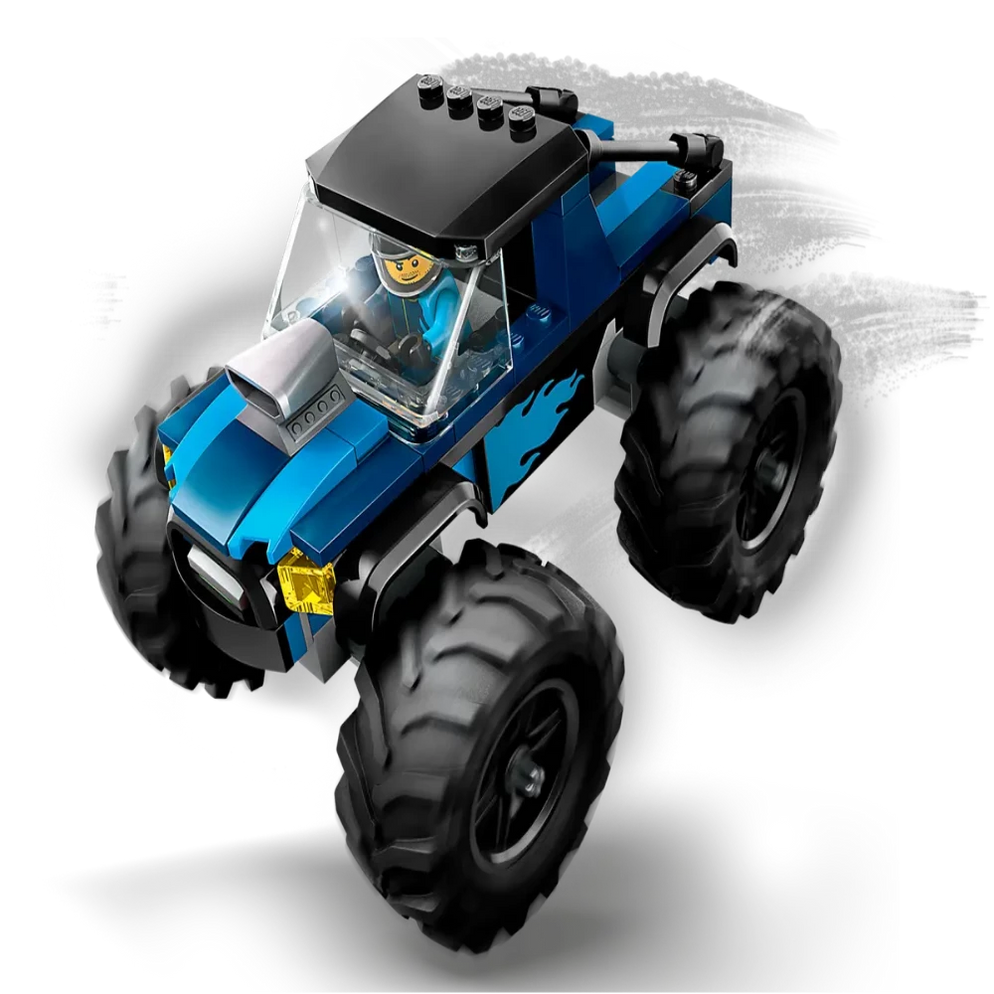 Blue LEGO City monster truck with minifigure driver and oversized tires Buy LEGO City toys online India Sam's Toy World Ahmedabad .