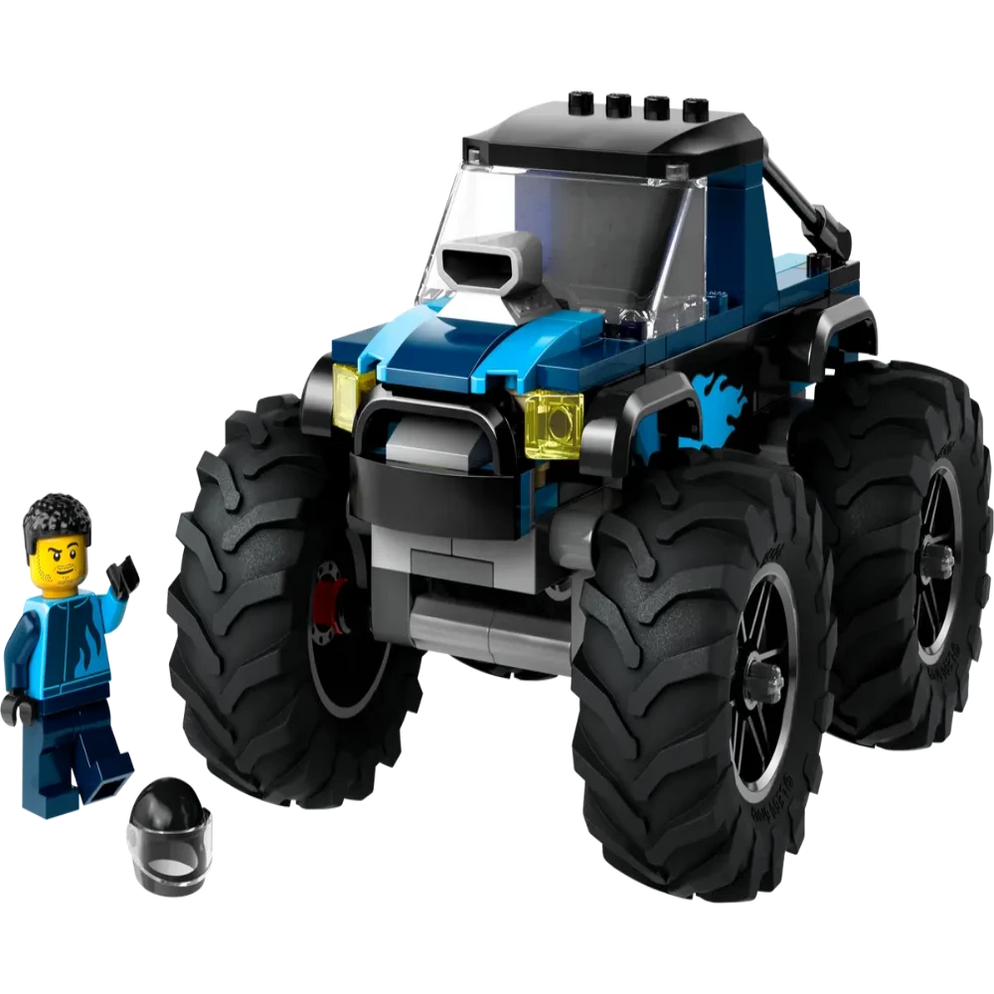 Blue LEGO City monster truck with large tires and minifigure helmet Buy LEGO City toys online India Sam's Toy World Ahmedabad